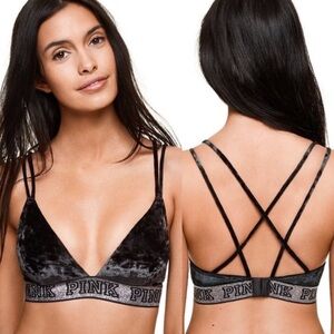 PINK Victoria's Secret Black Velvet Bralette with Glitter Logo Band Size M